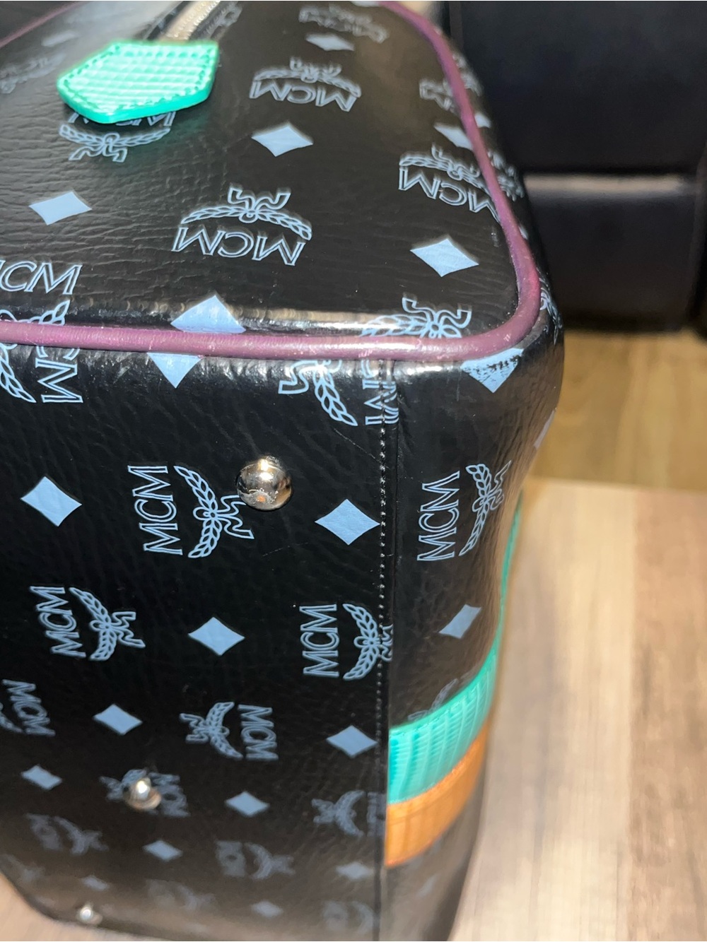 MCM Black monogram Leather Satchel with Purple Handles and Multicolor Patches - Picture 8 of 11